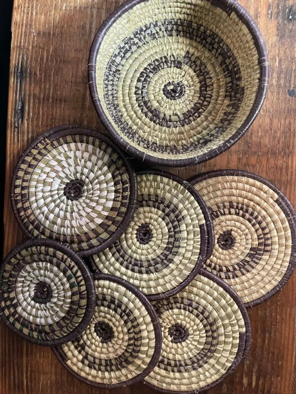Handmade African Woven Coiled Coaster Set - Basket + 6 Coasters